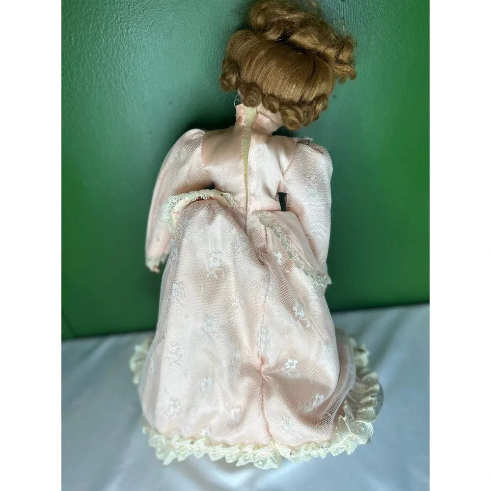 Vintage Porcelain Collector Doll Peach Lace Victorian Dress Auburn Hair Green